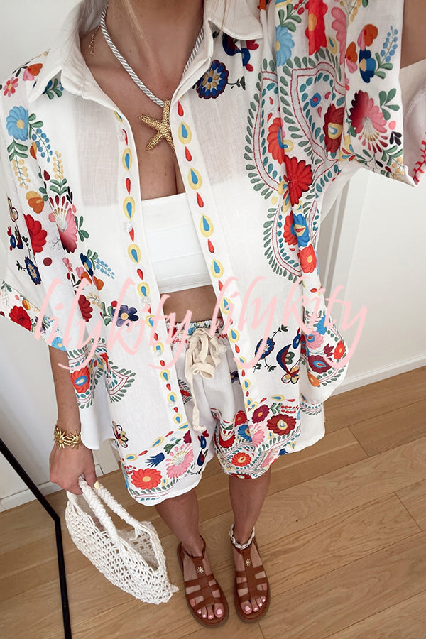 Linen Blend Floral Print Short Sleeve Loose Shirt and Elastic Waist Tie Casual Shorts Set