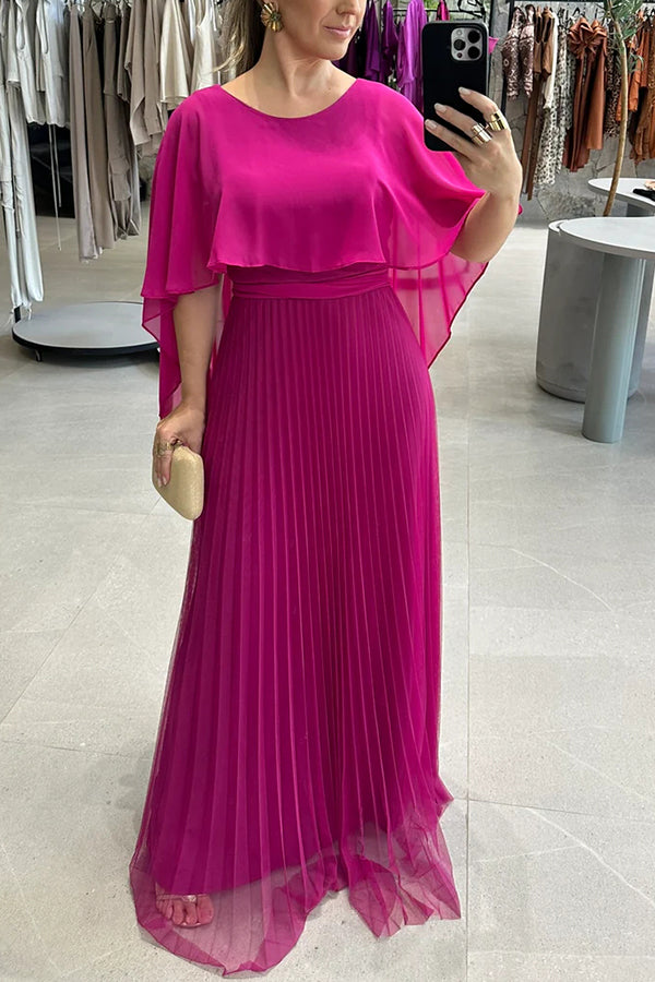 Ready for Holiday Cape Sleeve Tie-up Pleated Maxi Dress