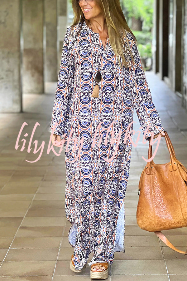 Unique Printed Long Sleeve V-neck Loose Maxi Dress