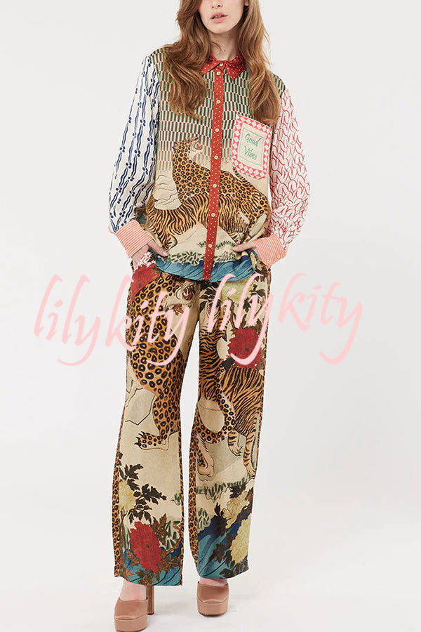 Tropical Jungle Tiger Unique Print Long Sleeve Loose Shirt and Elastic Waist Pants Set