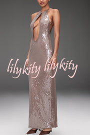 Light Up The City Sequin Cutout U-neck Back Lace-up Maxi Dress