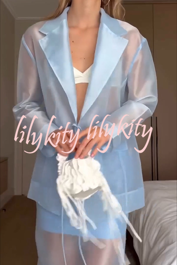 Simple and Light See-through Fabric Tie-up Long Sleeve Pocket Lapel Blazer