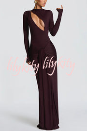 Sexy Cutout Fitted Long-sleeved Pleated Satin Ribbon Maxi Dresses