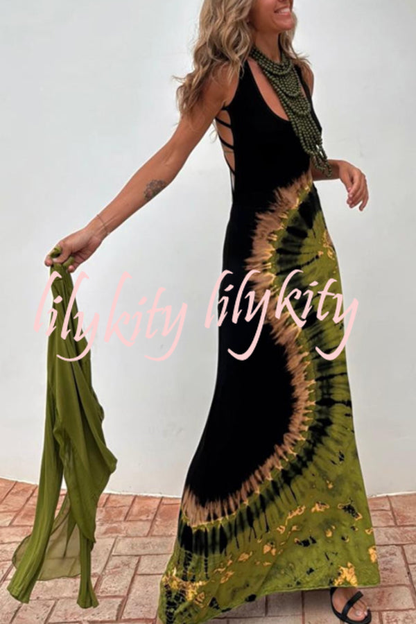 Summer Adventures Tie-dye Print Back Lace-up Stretch Maxi Dress