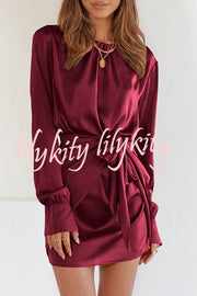 Satin Round Neck Long Sleeve Elastic Tie Mini Dress