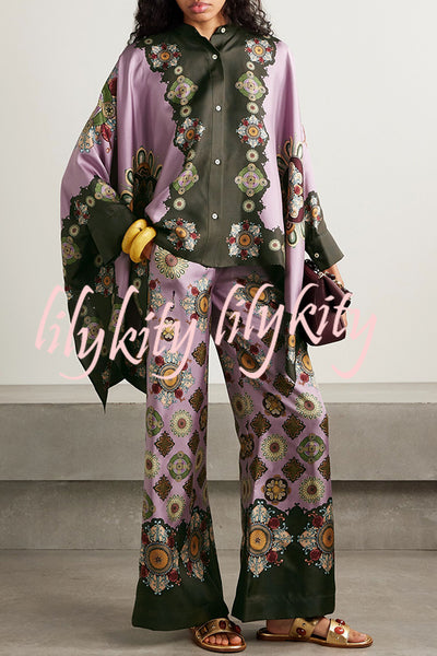Satin Unique Print Loose Batwing Sleeve Top and Elastic Waist Pocket Casual Wide-leg Pants Set