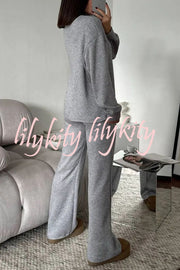 Solid Color Casual Knitted High Neck Long Sleeve Top and Elastic Waist Loose Pants Set