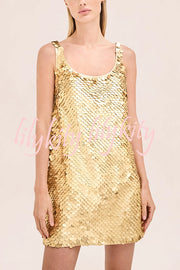 Golden Charm Impact Large Sequins Scoop Neck Tank A-line Mini Dress