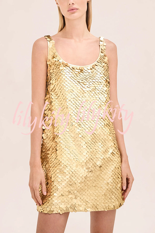 Golden Charm Impact Large Sequins Scoop Neck Tank A-line Mini Dress