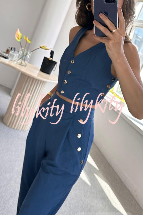 Stylish Button-up Vest and Pocket Straight-leg Pants Set