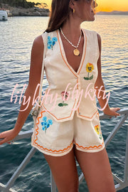 Summer Flower Printed Linen Blend Button Vest and Elastic Waist Pocketed Shorts Set