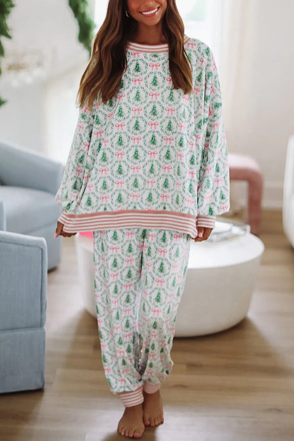 Christmas Print Loose Long-sleeved Top and Elastic Waist Casual Pants Set