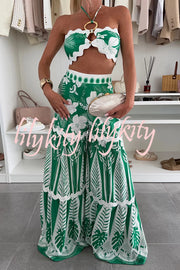 Cassie Ric Rac Trims Unique Print Halter Ring Tank and High Rise Wide Leg Pants Set