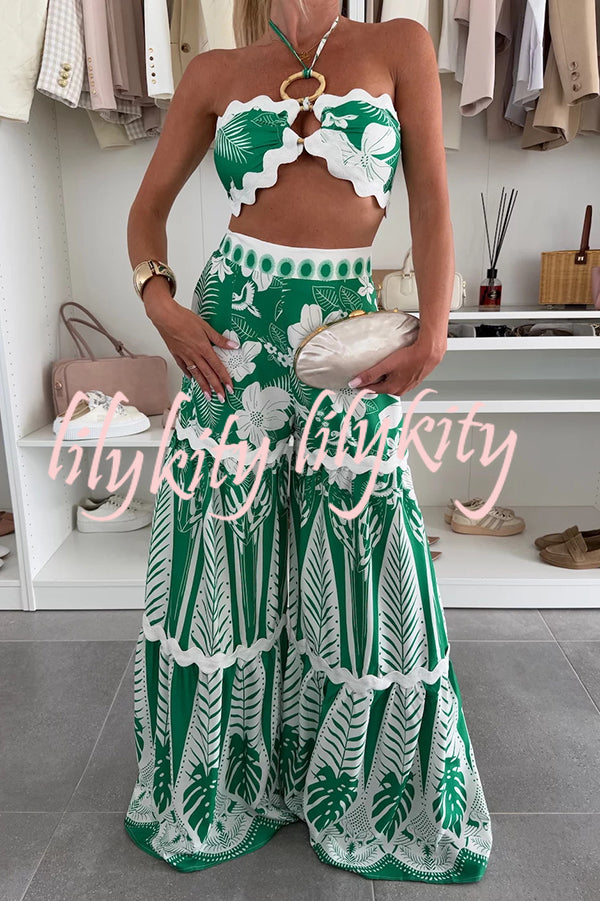 Cassie Ric Rac Trims Unique Print Halter Ring Tank and High Rise Wide Leg Pants Set