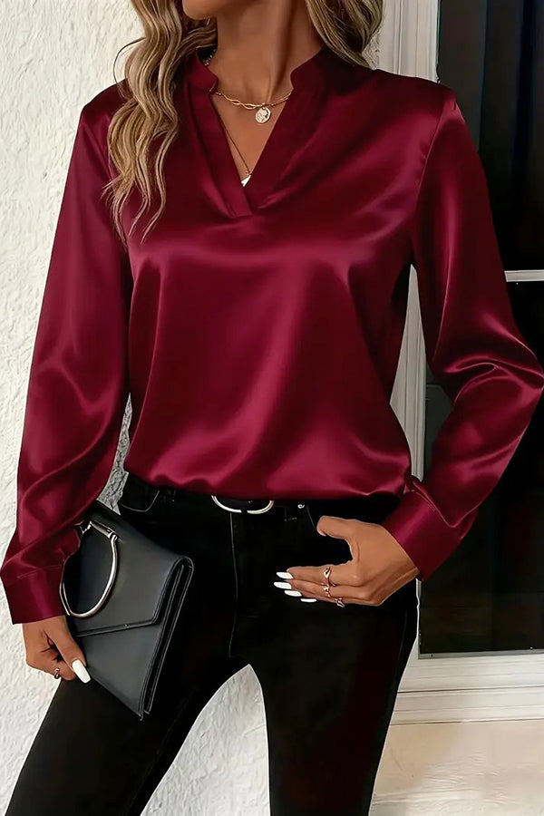 Solid Color Satin Loose V-neck Long-sleeved Casual Shirt