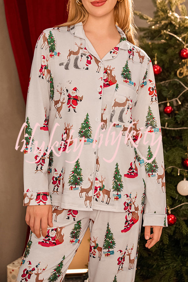 Christmas Holiday Print Long Sleeve Pocket Top and Elastic Waist Loose Pants Set