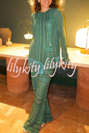 Relaxing Time Knit Zigzag Pattern Tassel Trim Slit Top and Wide Leg Pants Set