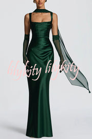 Calanthe Satin Square Neck Ruched Back Lace-up Drape Mesh Scarf Maxi Dress