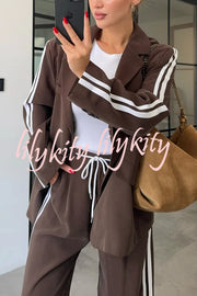 Levvie Striped Trim Long Sleeve Lapel Blazer and Rope Belt Pocketed Wide Leg Pants Set