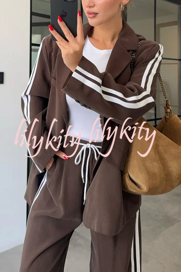 Levvie Striped Trim Long Sleeve Lapel Blazer and Rope Belt Pocketed Wide Leg Pants Set
