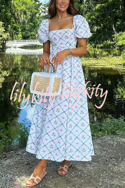 Garden Inspired Printed Puff Sleeve Back Smocked Pocket Midi Dress