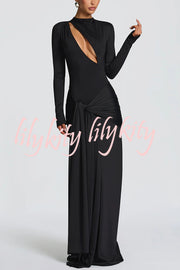 Sexy Cutout Fitted Long-sleeved Pleated Satin Ribbon Maxi Dresses