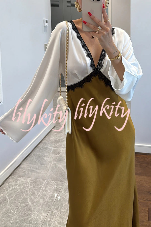 Lainei Contrast Color Satin Lace Trim V-neck Long Sleeve Maxi Dress