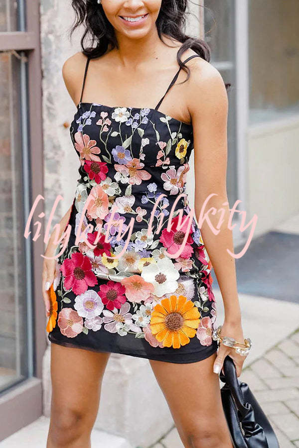 Dream World Embroidered Floral Applique Adjustable Straps Mini Dress