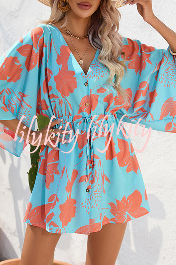 Botanical Print Button Drawstring Waist Dolman Sleeve Loose Romper