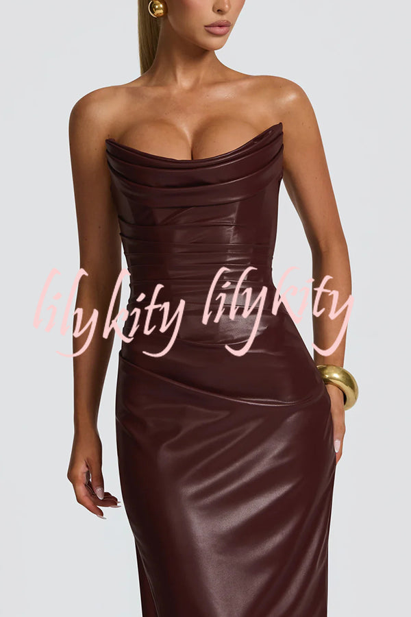 Alba Faux Leather Pleated Off Shoulder Neck Slit Stretch Maxi Dress