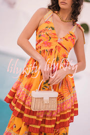 Tropical Sunset Unique Print Pleated Tie-up Straps Tiered Midi Dress