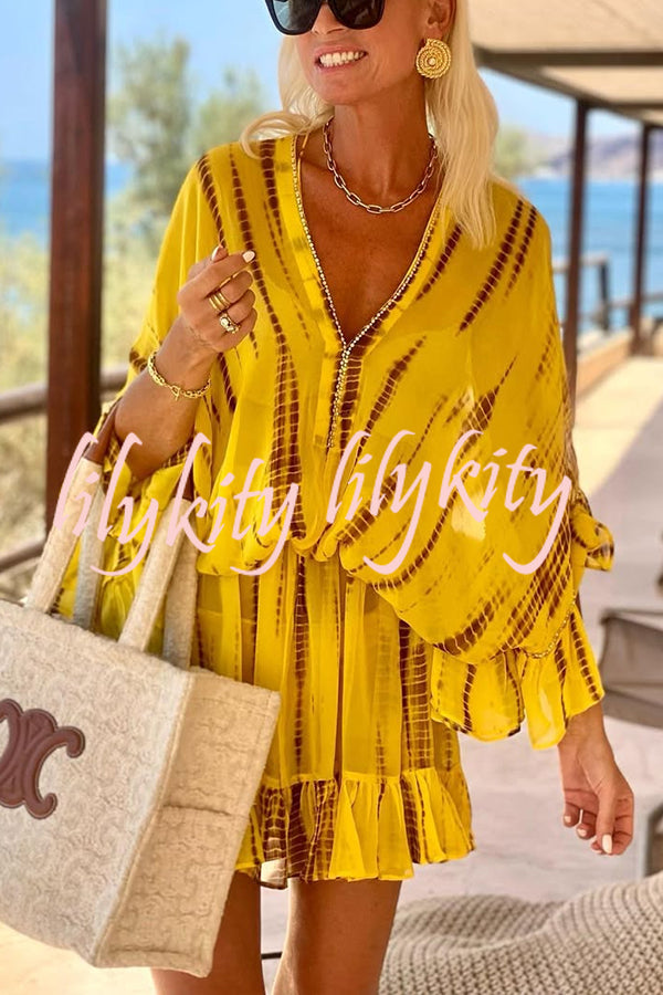 Lemon Flavor Tie Dye Ruffle Batwing Sleeve Elastic Waist Kaftan Mini Dress