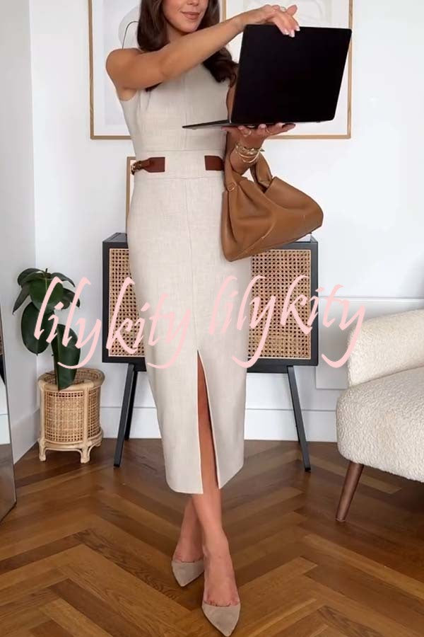 Workwear Day Contrast Color Belt Buckle Detail Slit Pencil Midi Dress
