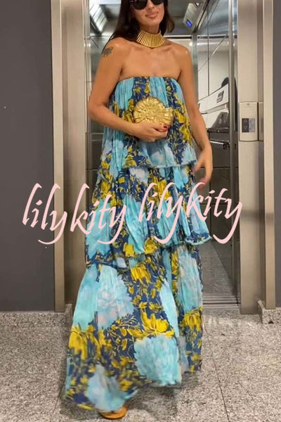 Cecily Contrast Floral Print Tiered Ruffles Strapless Maxi Dress