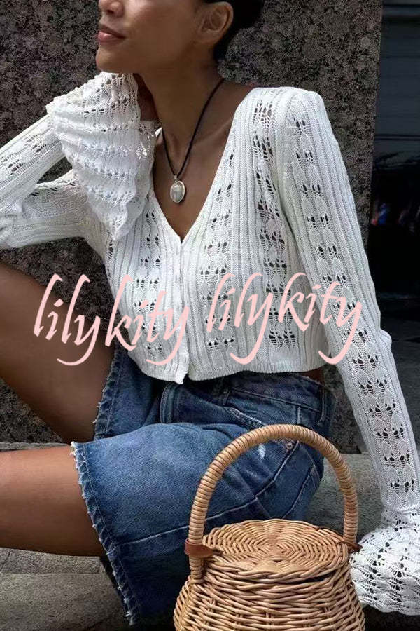 Fashion Hollow Button Long Sleeve V-neck Knitted Cardigan