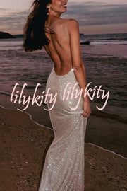 Midnight Fantasy Sequin Mesh Shoulder Strap Open Back Stretch Maxi Dress