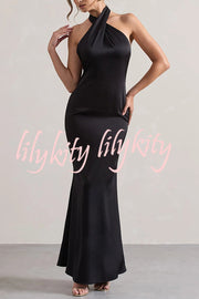 Solid Color Halter Neck Tie Sexy Backless Slim Maxi Dress