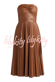 My Juliet Faux Leather Off Shoulder Strapless Pleated Stretch Midi Dress