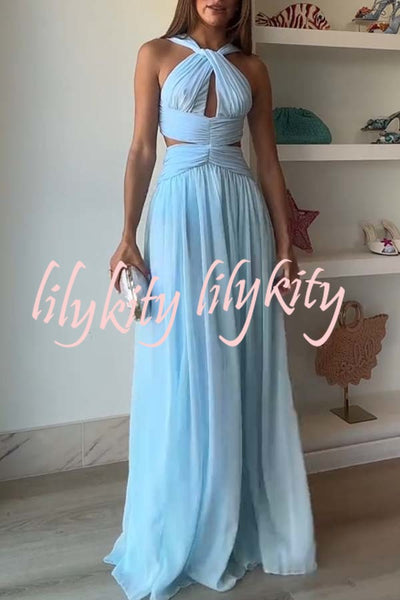 Graceful Modern Chiffon Twist Halter Neck Cutout Pleated Maxi Dress