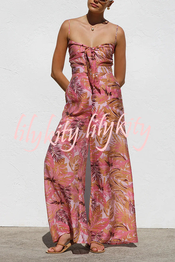 Botanical Print Strappy Resort Style Wide-leg Pants Jumpsuit