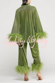 Glitter Fabric Feather Trim Long Sleeve Button Top and Elastic Waist Loose Straight Pants Set