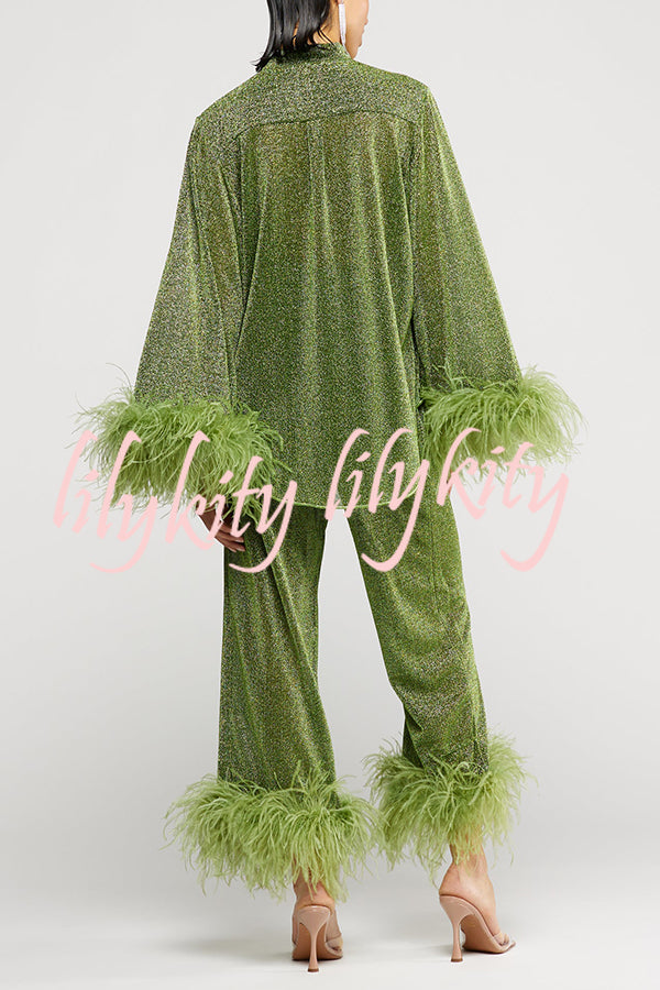 Glitter Fabric Feather Trim Long Sleeve Button Top and Elastic Waist Loose Straight Pants Set