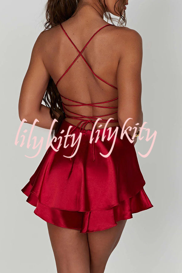 Ruffled Elegant Satin Strappy Satin Backless Lace Up Mini Dress