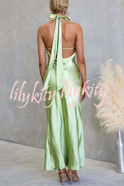 Satin Fashion Halter Backless Slim Elegant Maxi Dress
