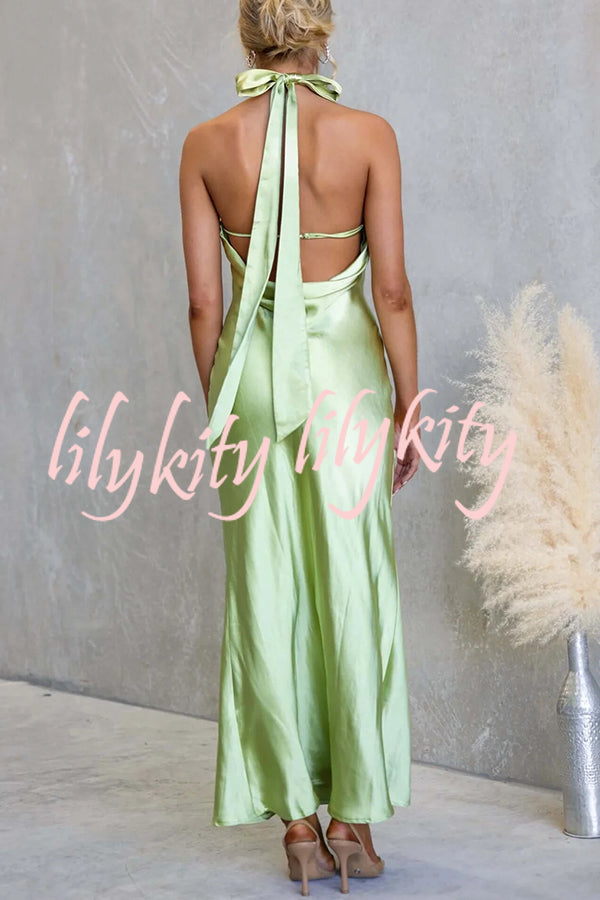 Satin Fashion Halter Backless Slim Elegant Maxi Dress