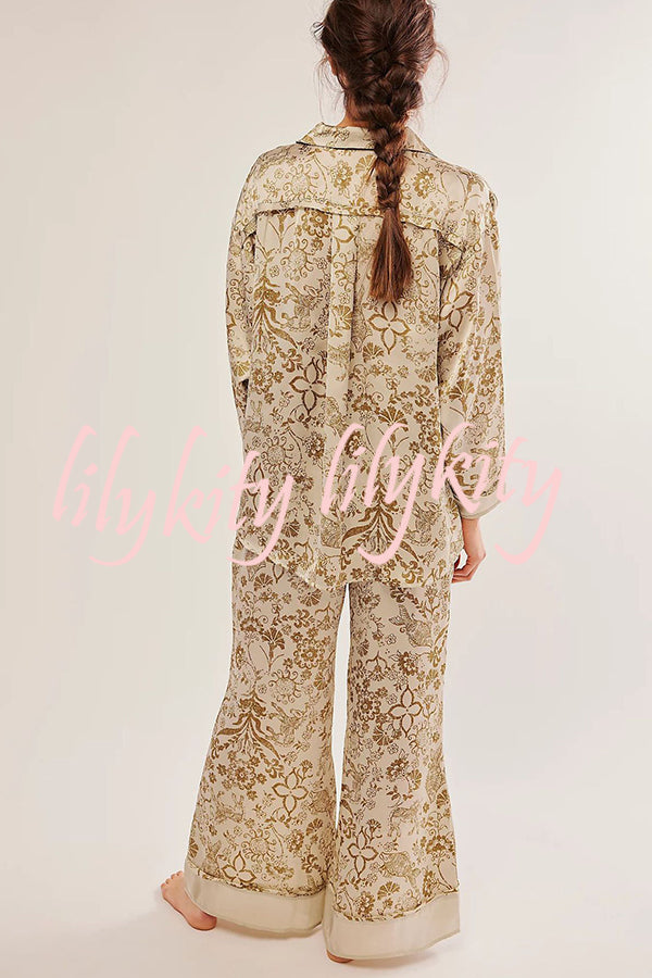 Unique Printed Lounge Long-sleeved Shirt and Elastic Waisted Baggy Pants Set