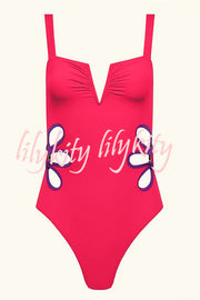 Hawaiian Style Side Waist Floral Hollow Out Stretch One-piece Swimsuit