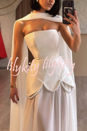 Jiya Satin Petal Hem Pearl Detail Chiffon Cape Strapless Maxi Dress