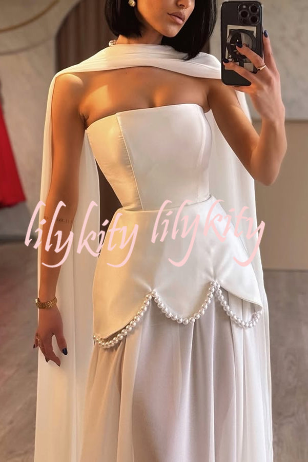 Jiya Satin Petal Hem Pearl Detail Chiffon Cape Strapless Maxi Dress