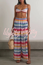 Colorful Zigzag Pattern Halter Neck Stretch Bikini and Elastic Waist Slit PantsThree-Piece Set